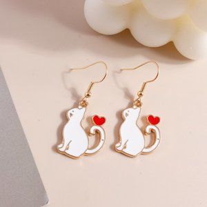 Cute White Cat with heart Dangle Earrings
